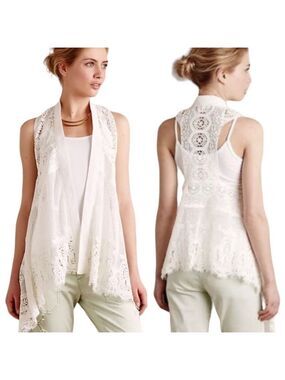 ANTHROPOLOGIE Meadow Rue 100% Cotton White Lace Open Front Vest US Sz XS